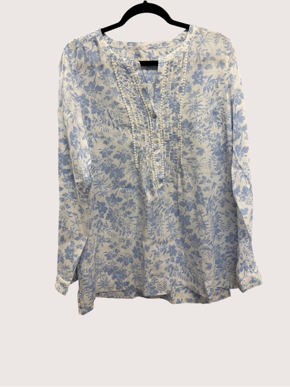 J. Jill Blue and White Floral Pintuck Tunic Linen Blouse Longsleeve Top Small